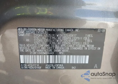 2009 Toyota Rav4 z USA, uszkodzony, nr VIN 2T3BF33V89W004449